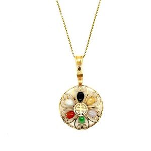 Vintage 14K Gold Multi Color Jade Shou Longevity Pendant Necklace